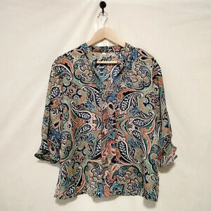 Moon Orchid Size Medium 3/4 Ruffle Sleeves Paisley V Neck Bouse top